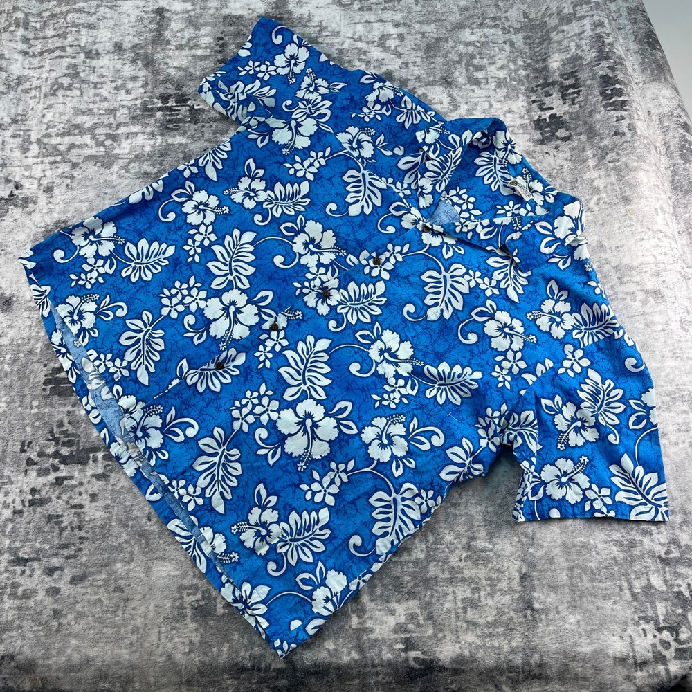 Aloha‎ Republic Men XXL Blue White Hibiscus Floral Hawaiian Shirt Made in Hawaii